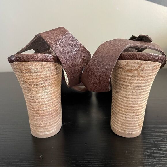 Sean Ling Brown Leather 3 Buckle Strap Wooden Block Heel Sandal, 10 - Picture 8 of 16